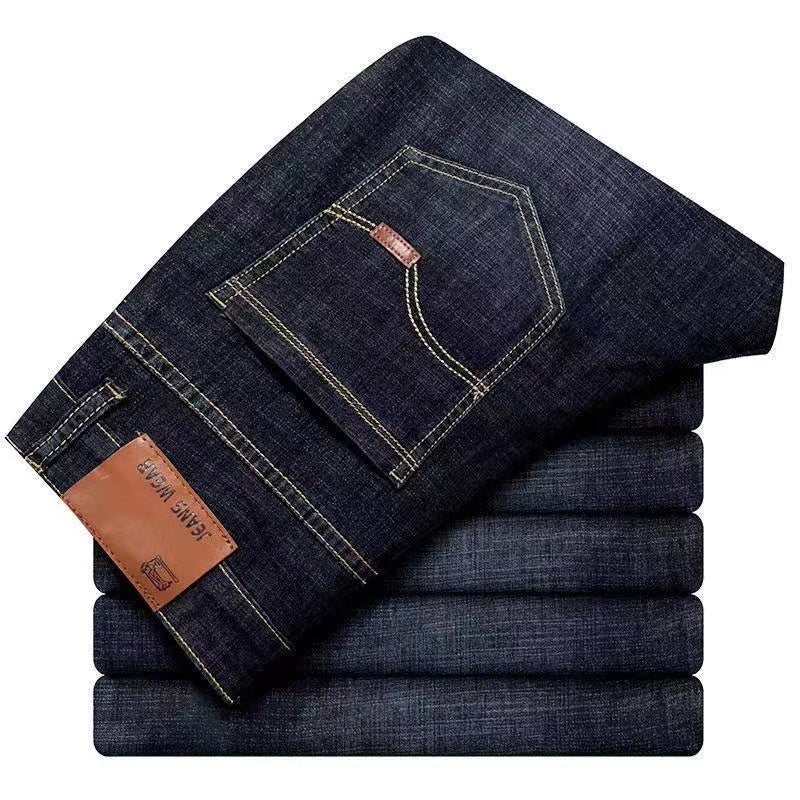Summer men's elastic jeans for construction work, loose-fitting straight-leg casual and versatile durable trousers.