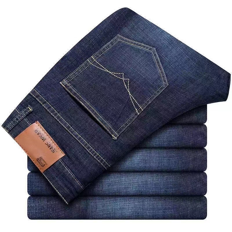 Summer men's elastic jeans for construction work, loose-fitting straight-leg casual and versatile durable trousers.