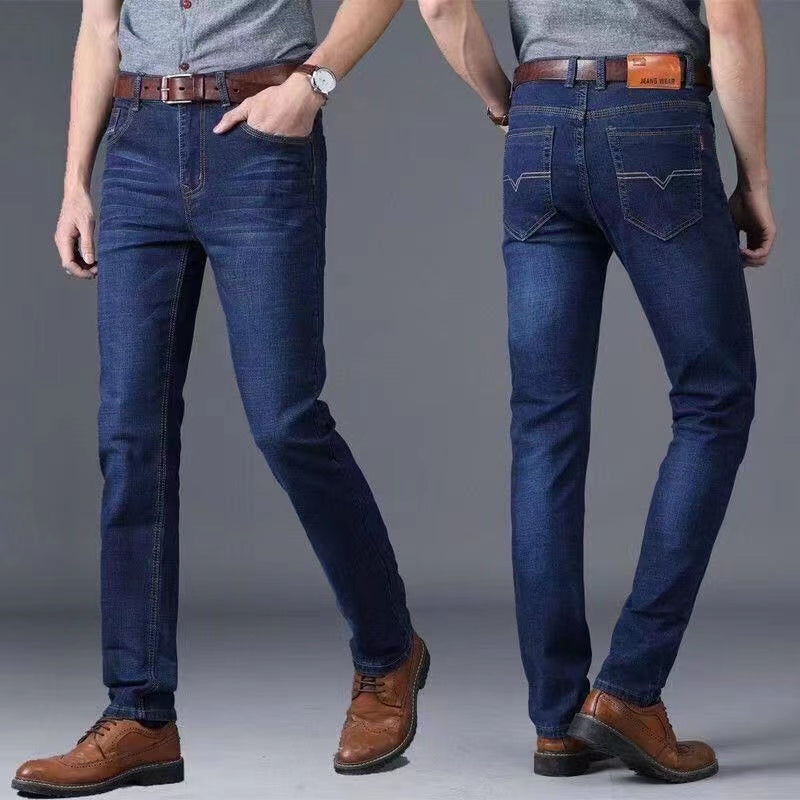 Summer men's elastic jeans for construction work, loose-fitting straight-leg casual and versatile durable trousers.