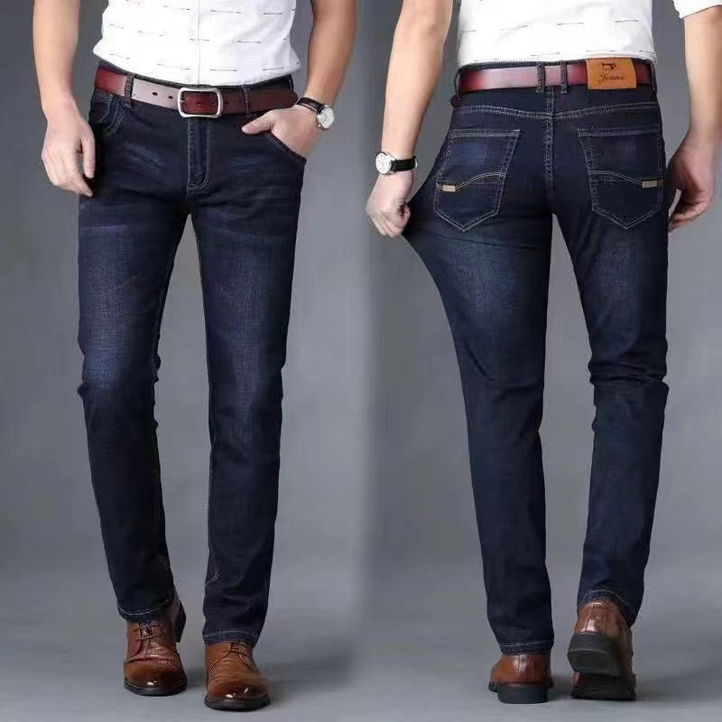 Summer men's elastic jeans for construction work, loose-fitting straight-leg casual and versatile durable trousers.