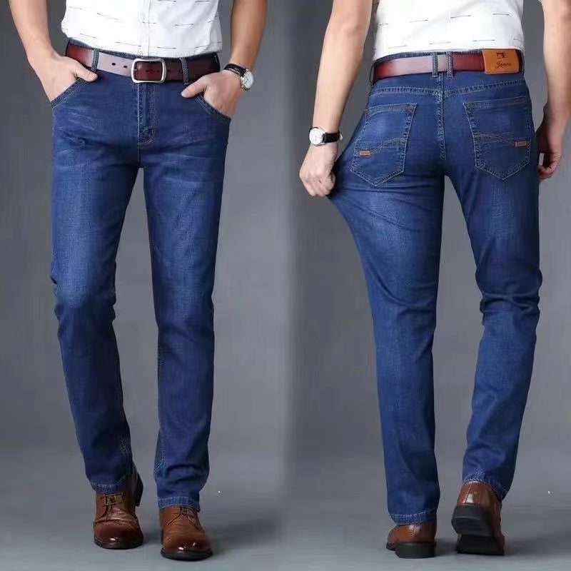 Summer men's elastic jeans for construction work, loose-fitting straight-leg casual and versatile durable trousers.