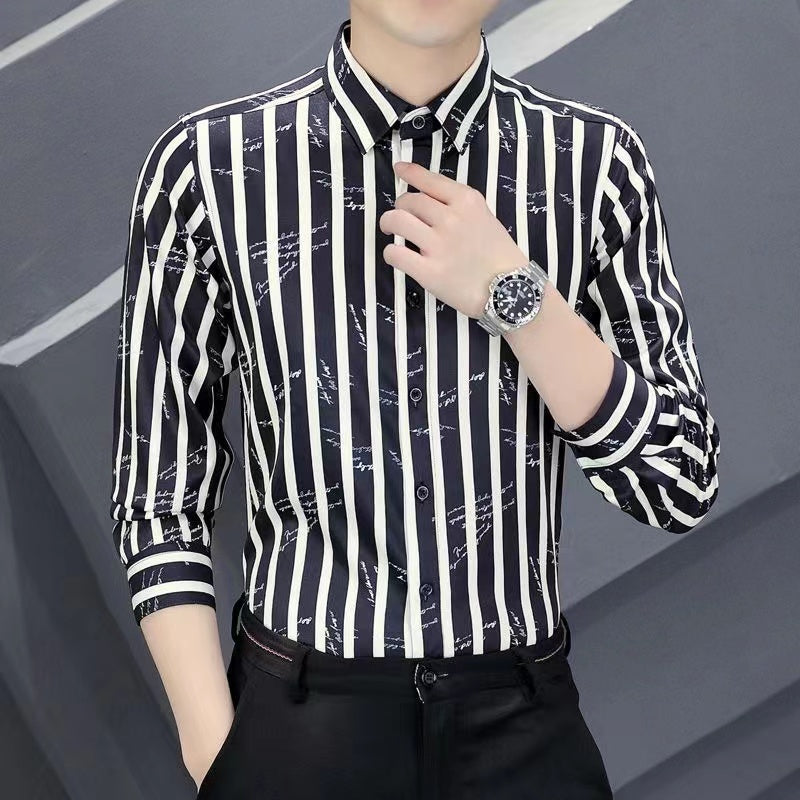 New Spring Men's Shirt, Long Sleeve Striped Dress Shirt, Short Sleeve Business Slim Fit, Youth Classic Versatile Wrinkle-resistant