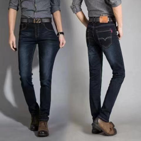 Summer men's elastic jeans for construction work, loose-fitting straight-leg casual and versatile durable trousers.