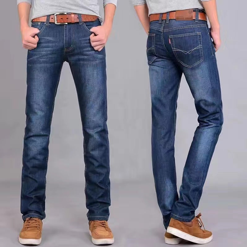 Summer men's elastic jeans for construction work, loose-fitting straight-leg casual and versatile durable trousers.