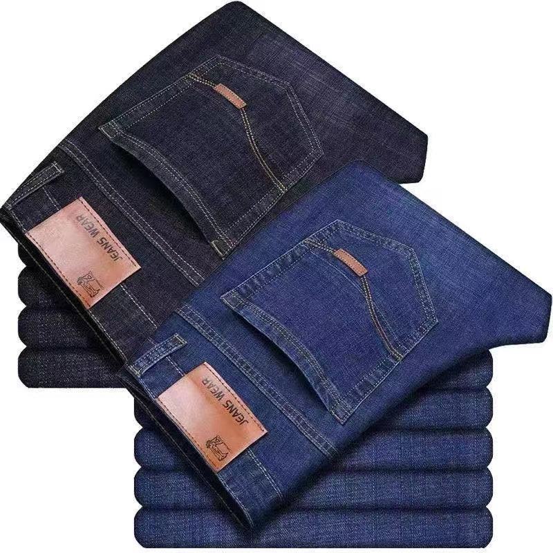 Summer men's elastic jeans for construction work, loose-fitting straight-leg casual and versatile durable trousers.