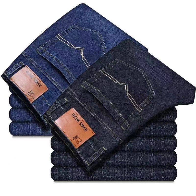 Summer men's elastic jeans for construction work, loose-fitting straight-leg casual and versatile durable trousers.