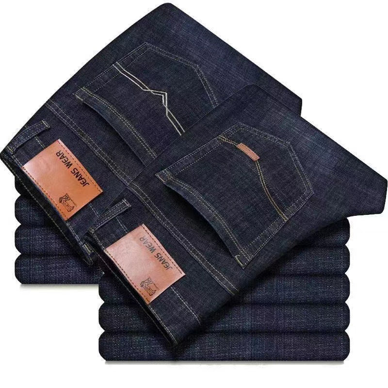 Summer men's elastic jeans for construction work, loose-fitting straight-leg casual and versatile durable trousers.