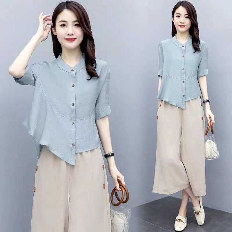 Cotton and Linen Women's Suit 2023 New Stylish Casual Fashion Wide-Leg Pants Set for Women, Summer Loose Monochrome Short Sleeve Two-Piece Set