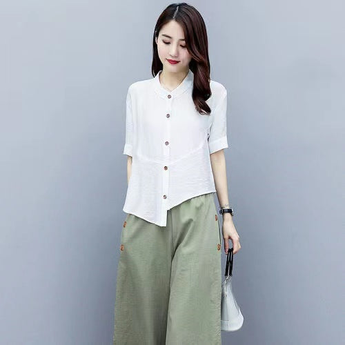 Cotton and Linen Women's Suit 2023 New Stylish Casual Fashion Wide-Leg Pants Set for Women, Summer Loose Monochrome Short Sleeve Two-Piece Set