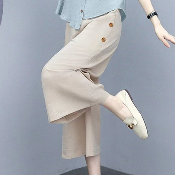 Cotton and Linen Women's Suit 2023 New Stylish Casual Fashion Wide-Leg Pants Set for Women, Summer Loose Monochrome Short Sleeve Two-Piece Set