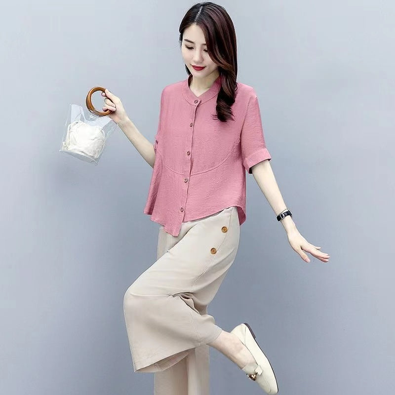 Cotton and Linen Women's Suit 2023 New Stylish Casual Fashion Wide-Leg Pants Set for Women, Summer Loose Monochrome Short Sleeve Two-Piece Set